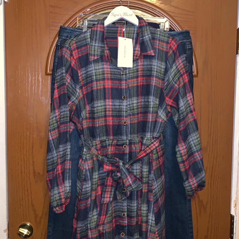 BLOOMCHIC Multi Plaid Button Front Belted Long Sleeve Arc Hemline Midi Dress - Picture 8 of 16